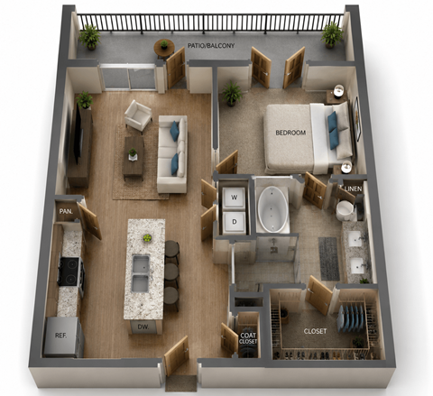 Floor plan for 1 bed, 1 bath, 768 sqft